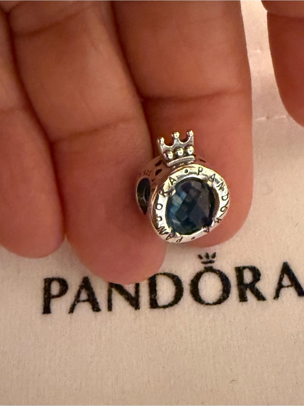 Pandora Silver Charm with Faceted Blue Stone and Crown